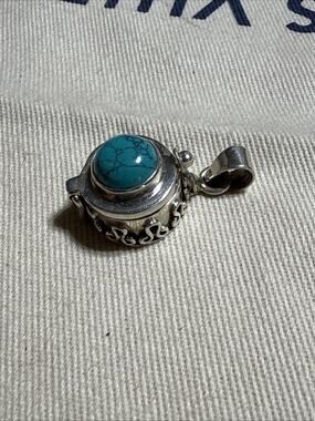 Vintage 925 Sterling Silver Turquoise Poison Box Locket Pendant Pill Prayer Box